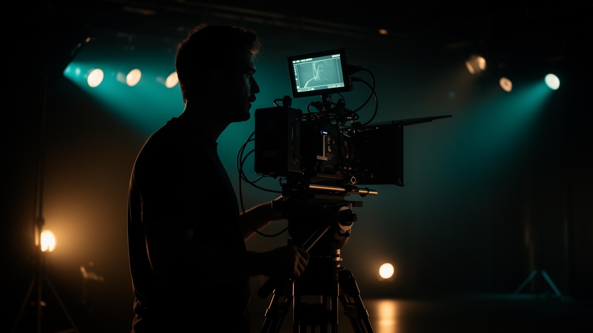 Cinematographer behind a cinema camera on set